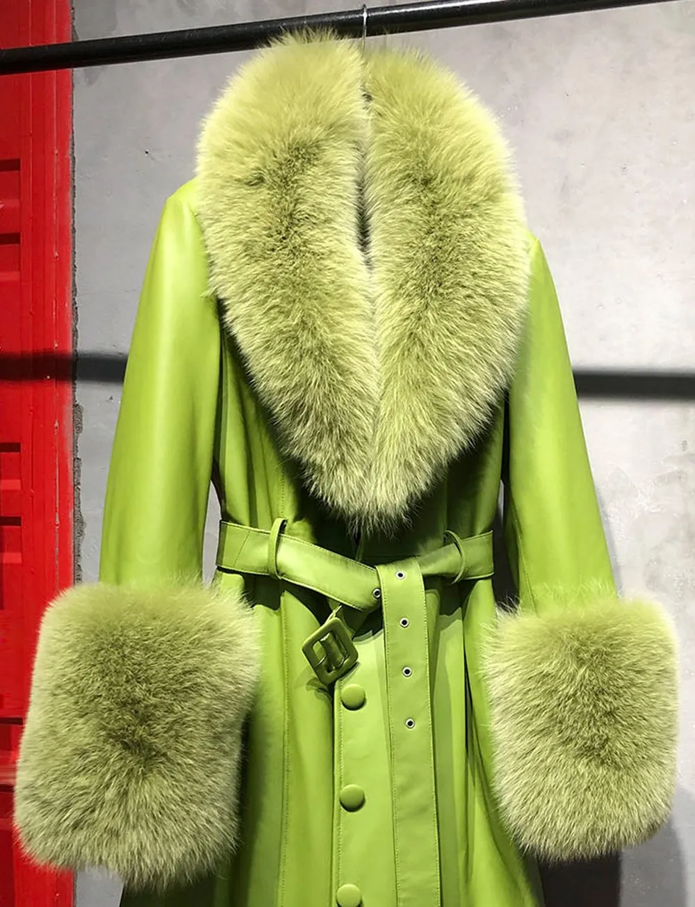 Faux Fur Genuine Leather Coat In Lime Green