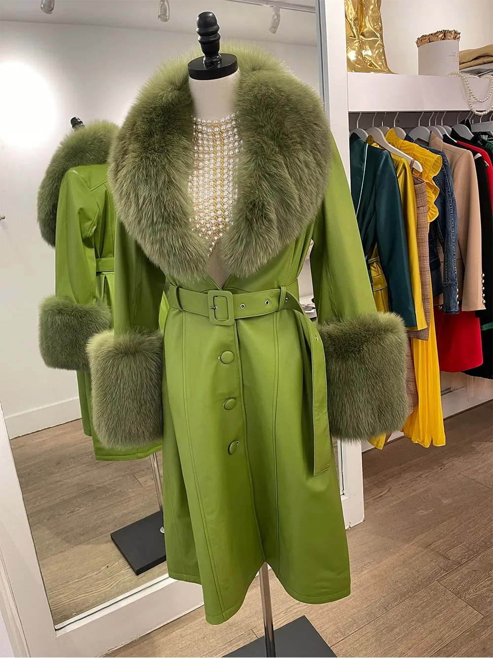 Faux Fur Genuine Leather Coat In Lime Green