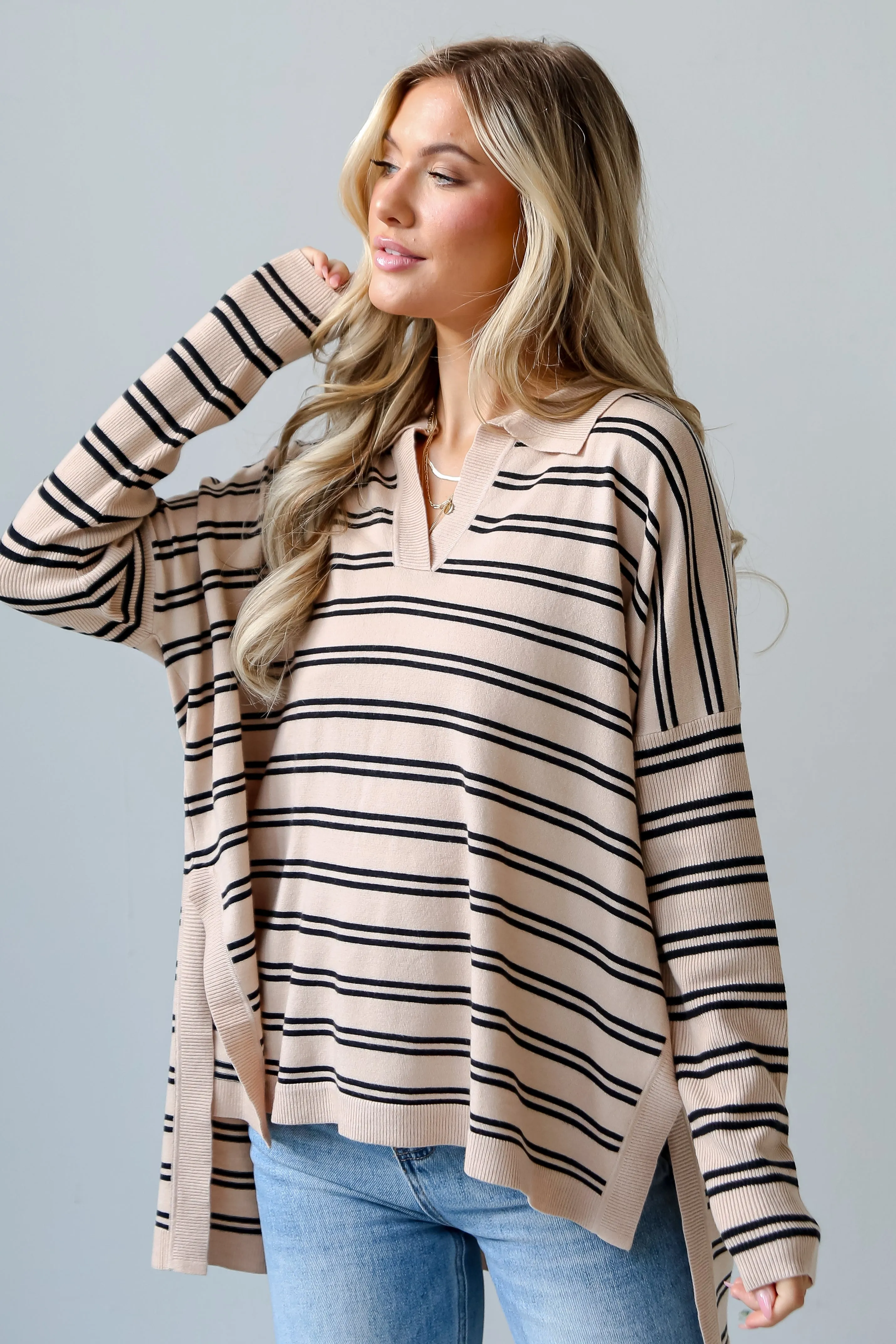 FINAL SALE - Cuddly Couture Taupe Striped Collared Knit Top