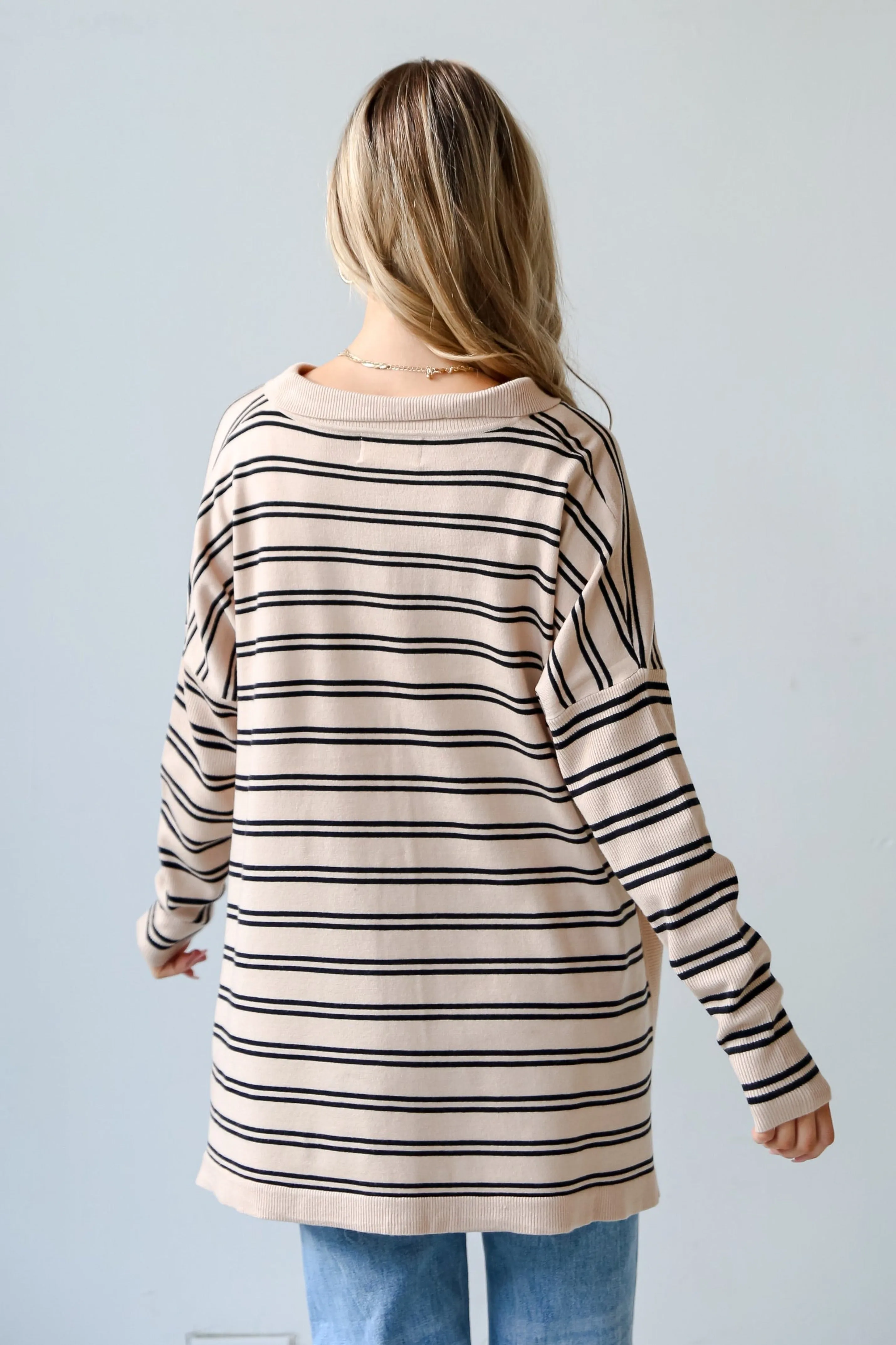 FINAL SALE - Cuddly Couture Taupe Striped Collared Knit Top