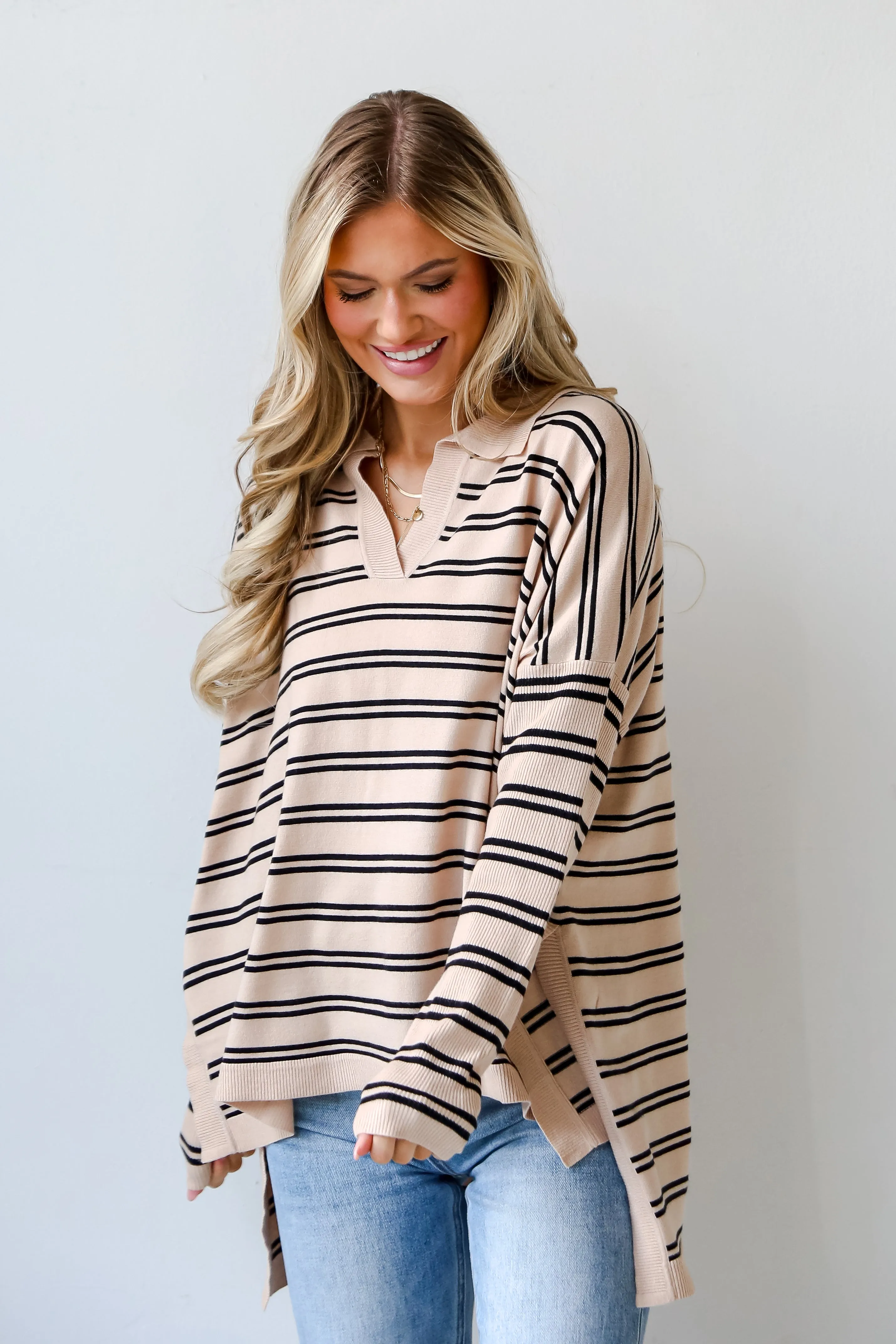 FINAL SALE - Cuddly Couture Taupe Striped Collared Knit Top