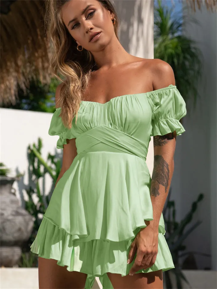 Flytonn-Graduation Gift Back to School Season Summer Vacation Dress Spring Outfit Women's Romper Ruffle Solid Color Off Shoulder Active Street Daily Regular Fit Short Sleeve Green Blue Pink S M L Spring