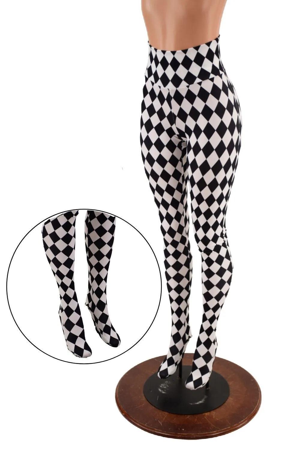 Footed High Waist Leggings in Black and White Diamond