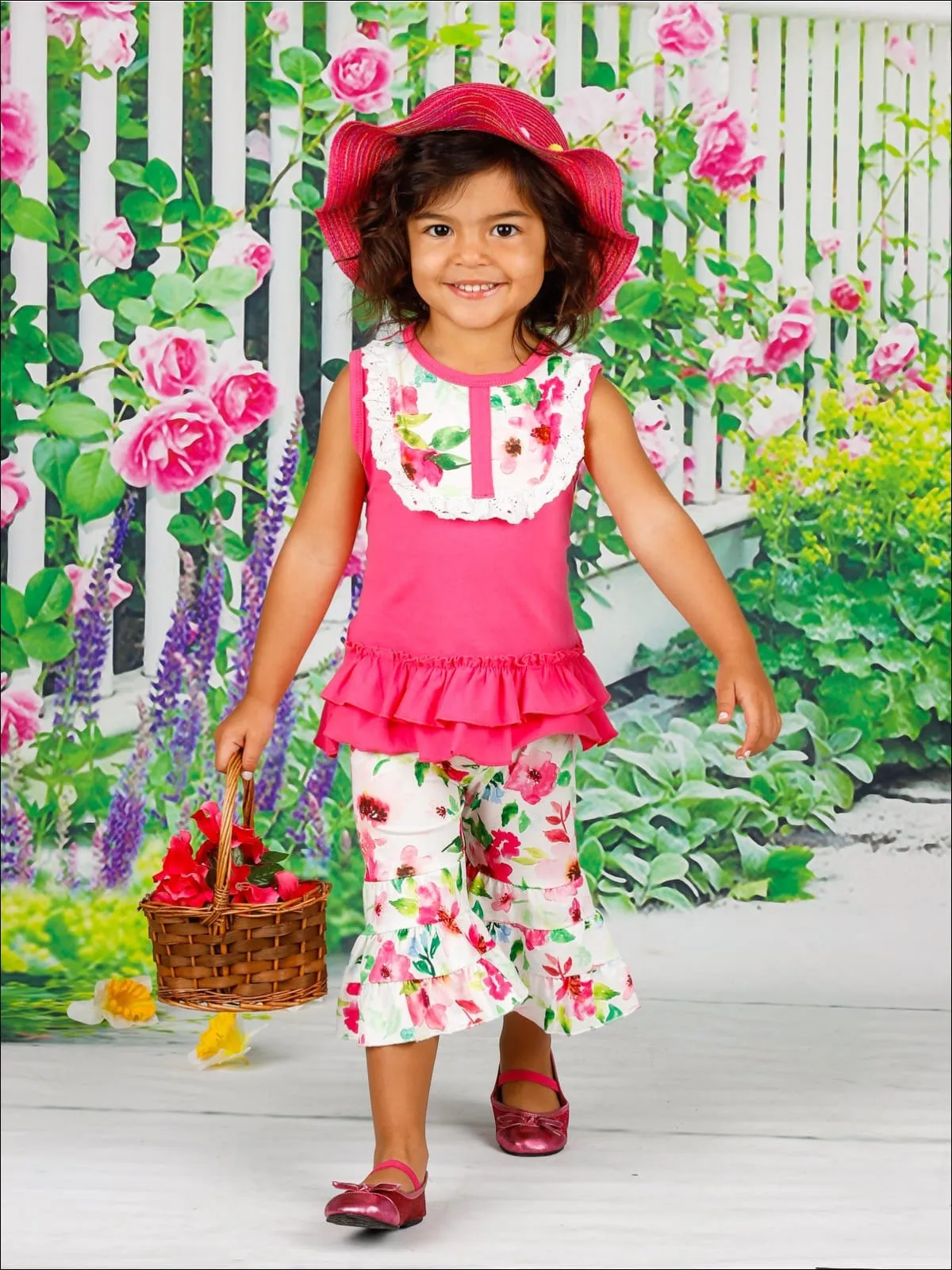 Girls Floral Crochet Ruffled Top And Flared Legging Set