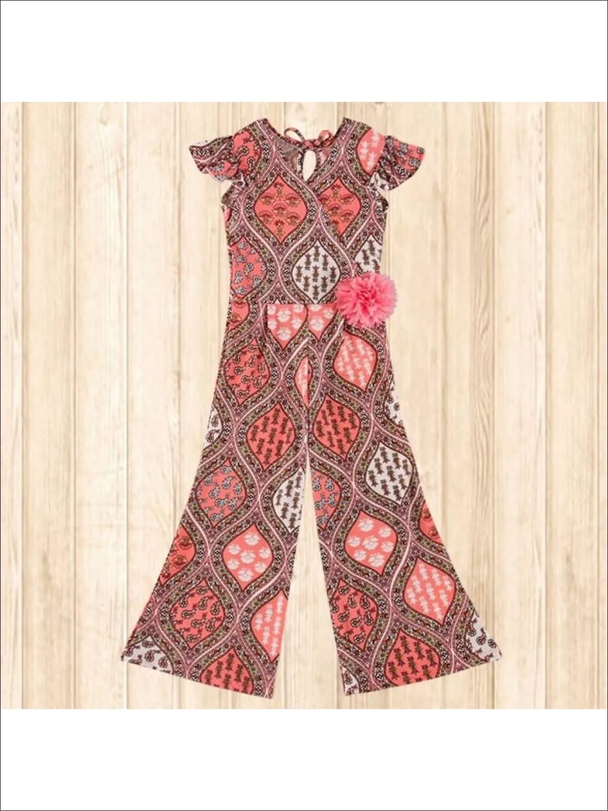 Girls Pink/Coral Paisley Faux Wrap Palazzo Jumpsuit