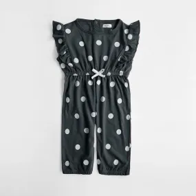 Girs Fashion All Over Polka Dots Printed Charcoal Soft Cotton Frill Jumpsuit