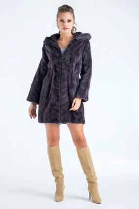 Gray Natural Hooded Mink Fur Coat