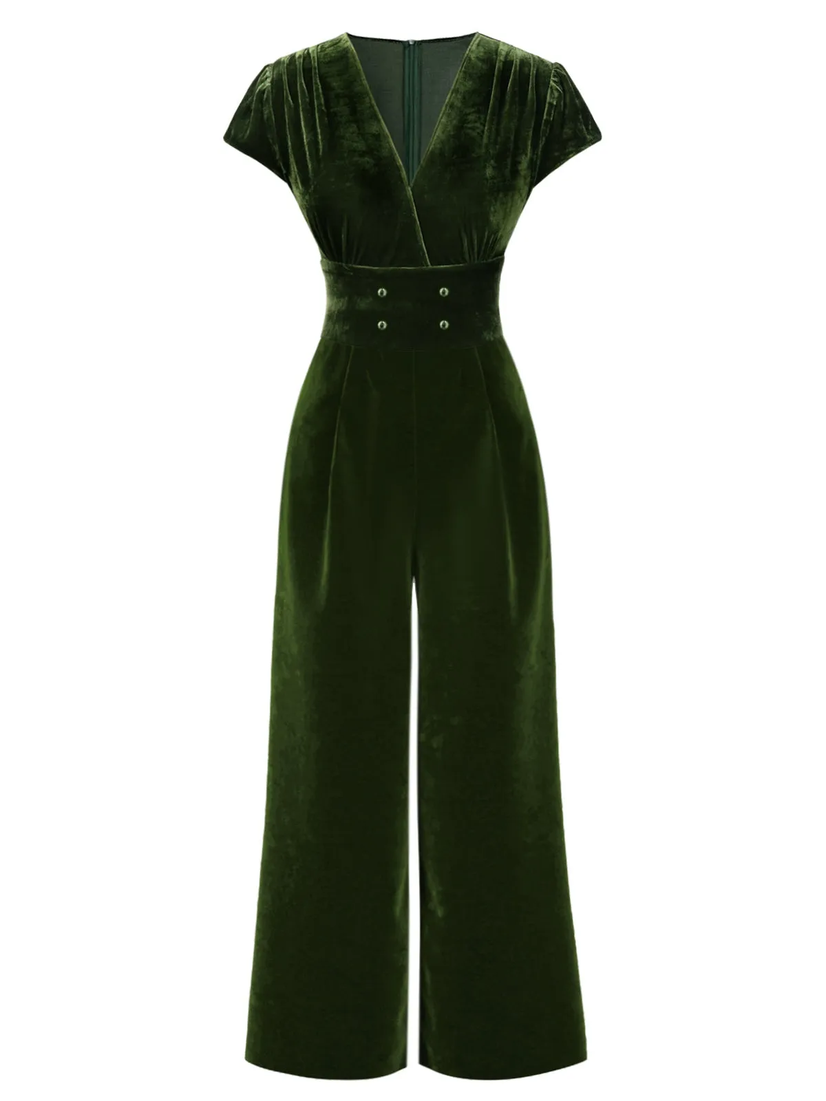 Green 1930s Buttoned V-Neck Velvet Jumpsuit