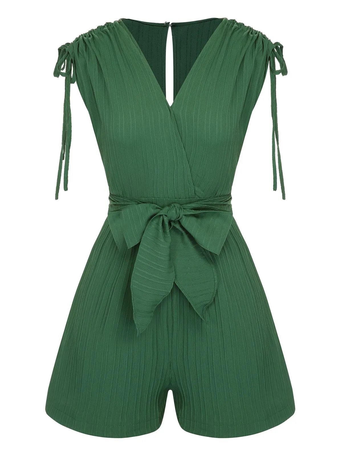 Green 1950s Solid Belt V-Neck Romper