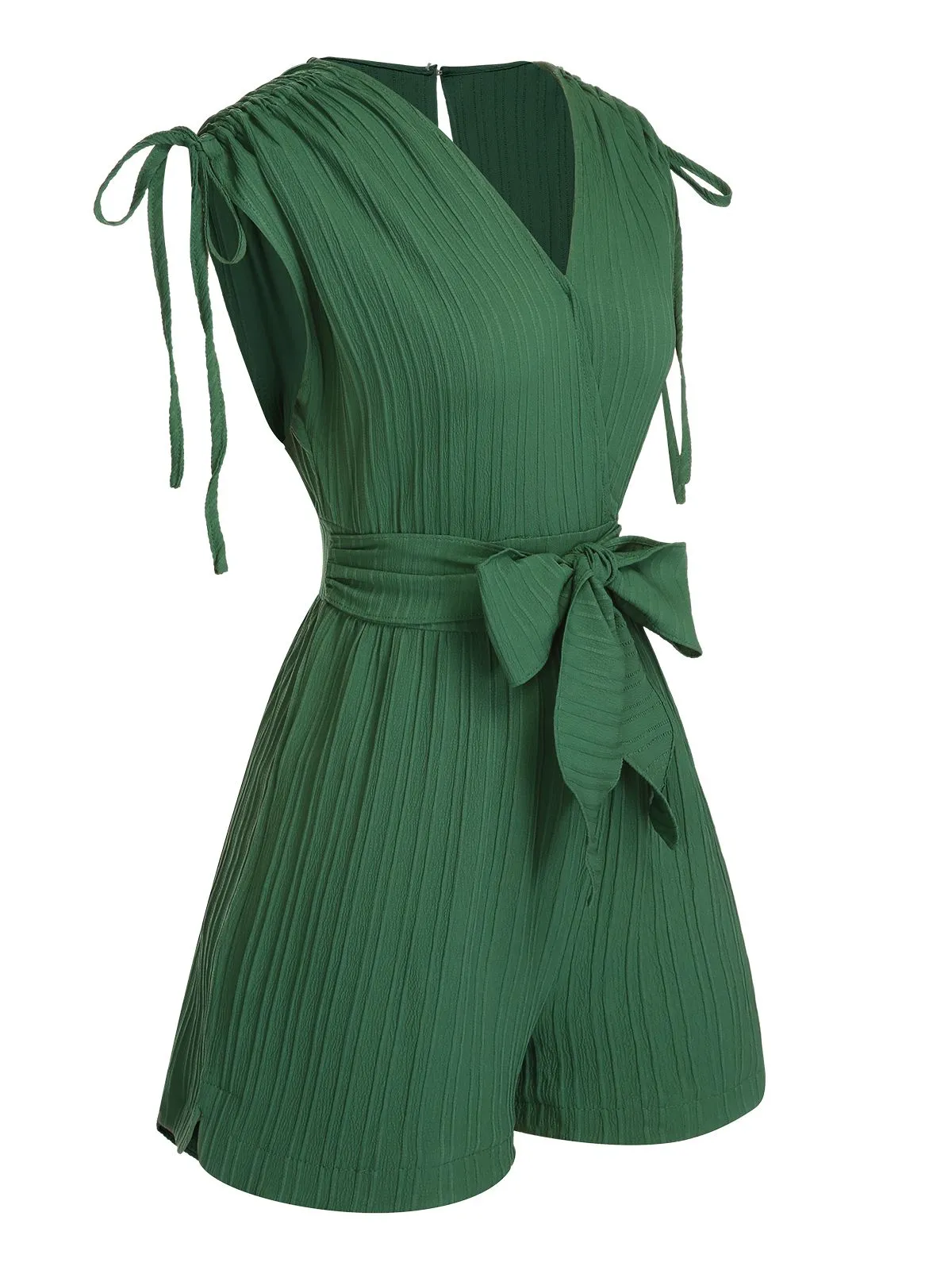 Green 1950s Solid Belt V-Neck Romper