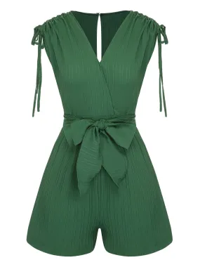 Green 1950s Solid Belt V-Neck Romper