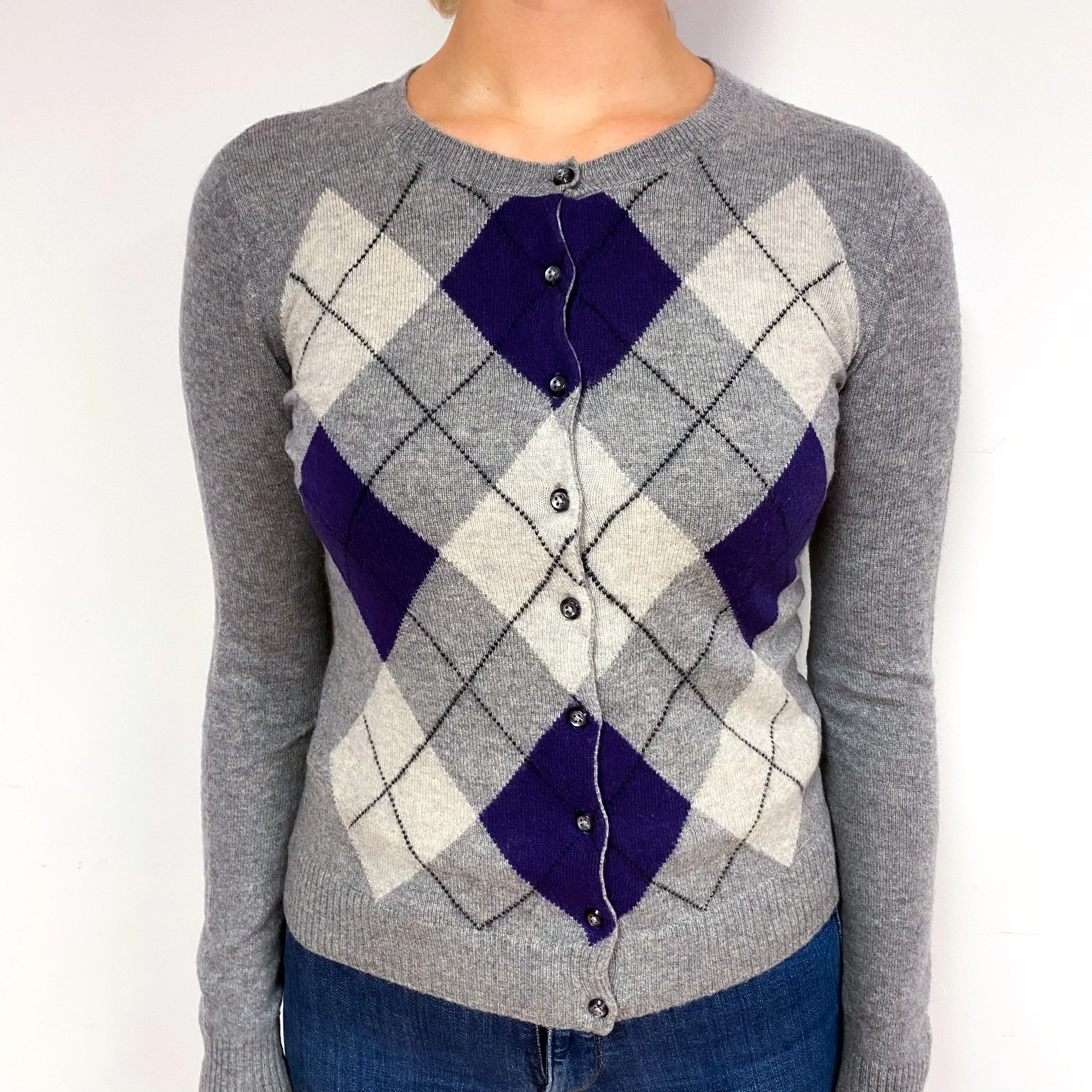 Grey Purple Diamond Cashmere Crew Neck Cardigan Small