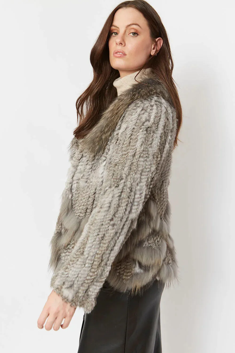 Grey Scalloped Coney Fur Jacket With Fox Fur Collar