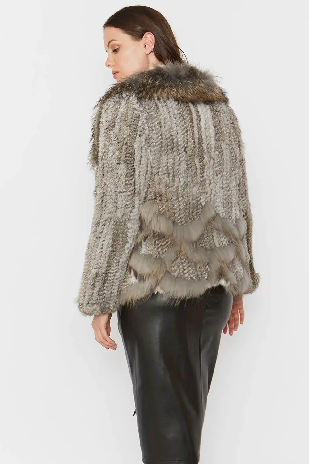 Grey Scalloped Coney Fur Jacket With Fox Fur Collar