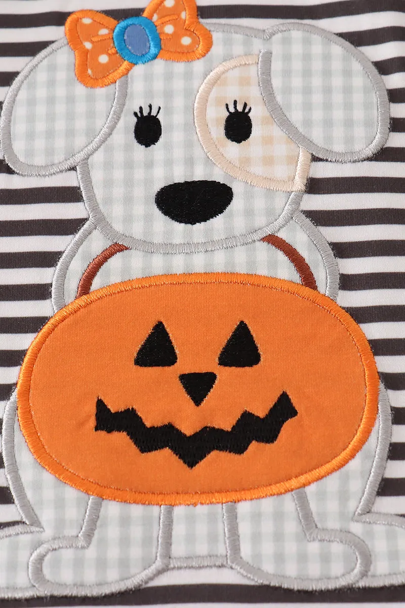 Halloween pumpkin puppy stripe applique girl romper