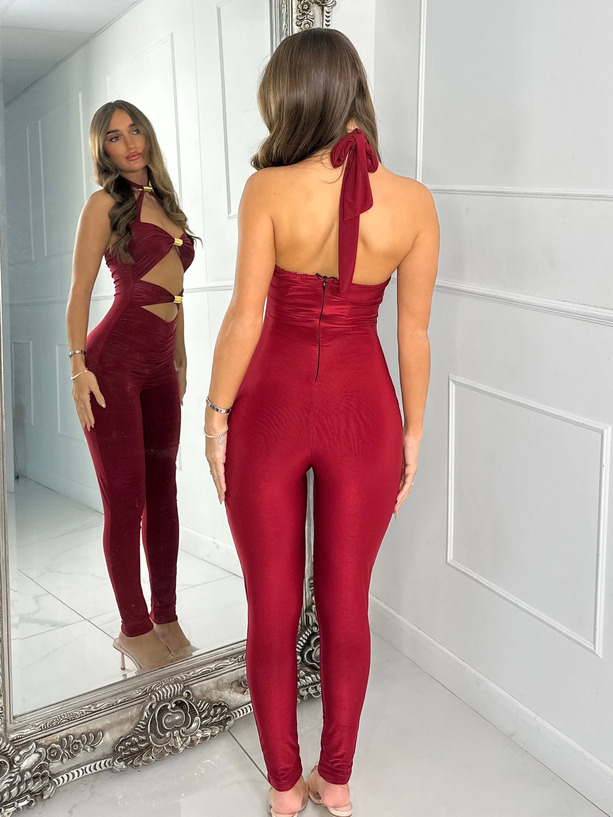 Halter Neck & Gold Twist Detail Jumpsuit - Wine