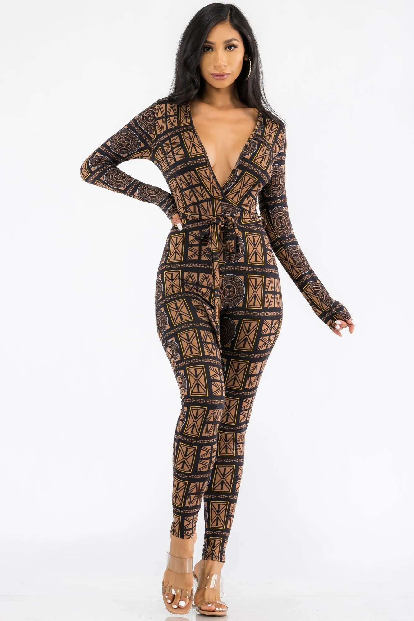 HH626R-TRIBAL - LONG SLEEVE BODYCON JUMPSUIT