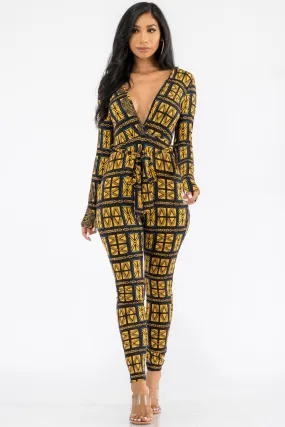 HH626R-TRIBAL - LONG SLEEVE BODYCON JUMPSUIT