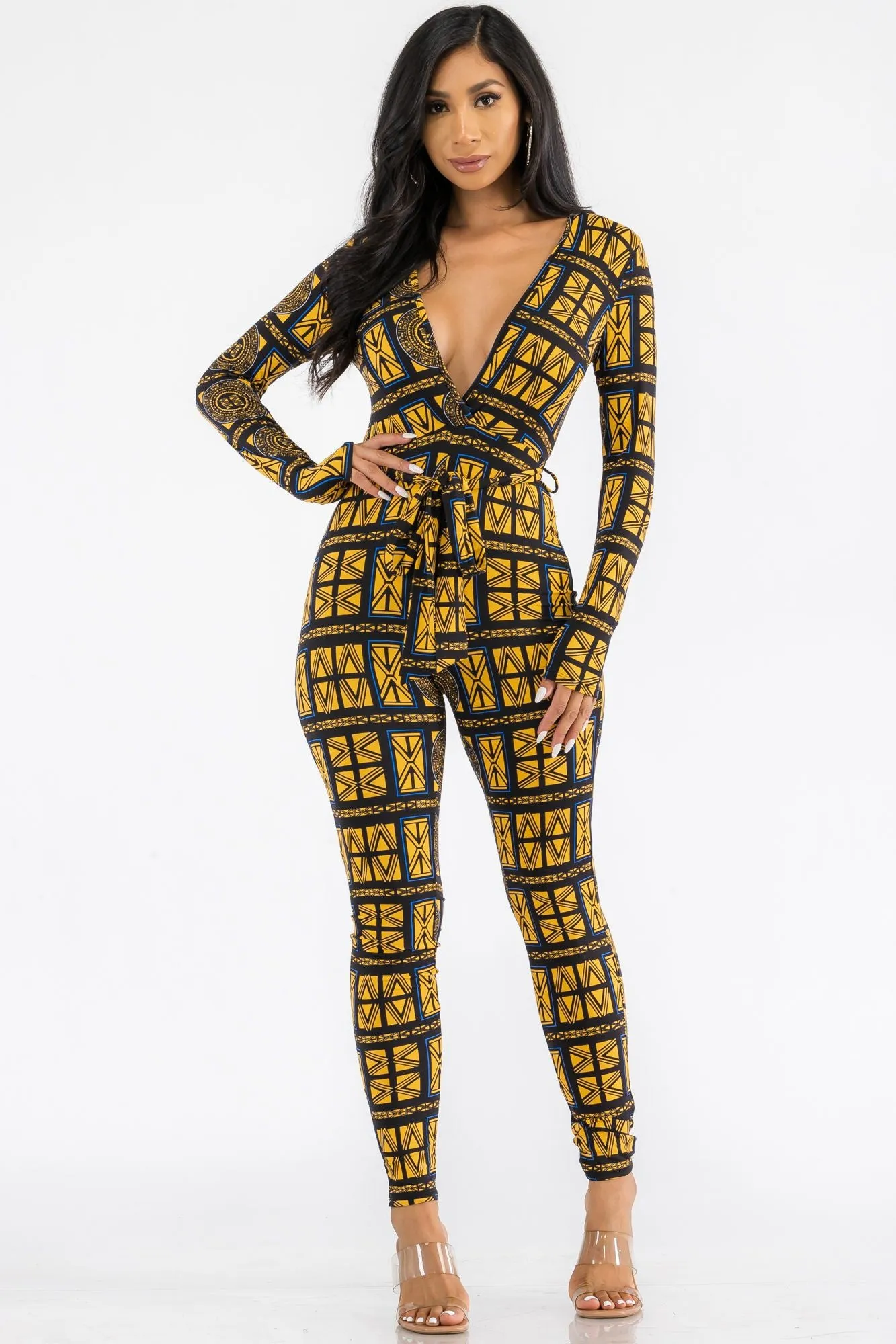 HH626R-TRIBAL - LONG SLEEVE BODYCON JUMPSUIT