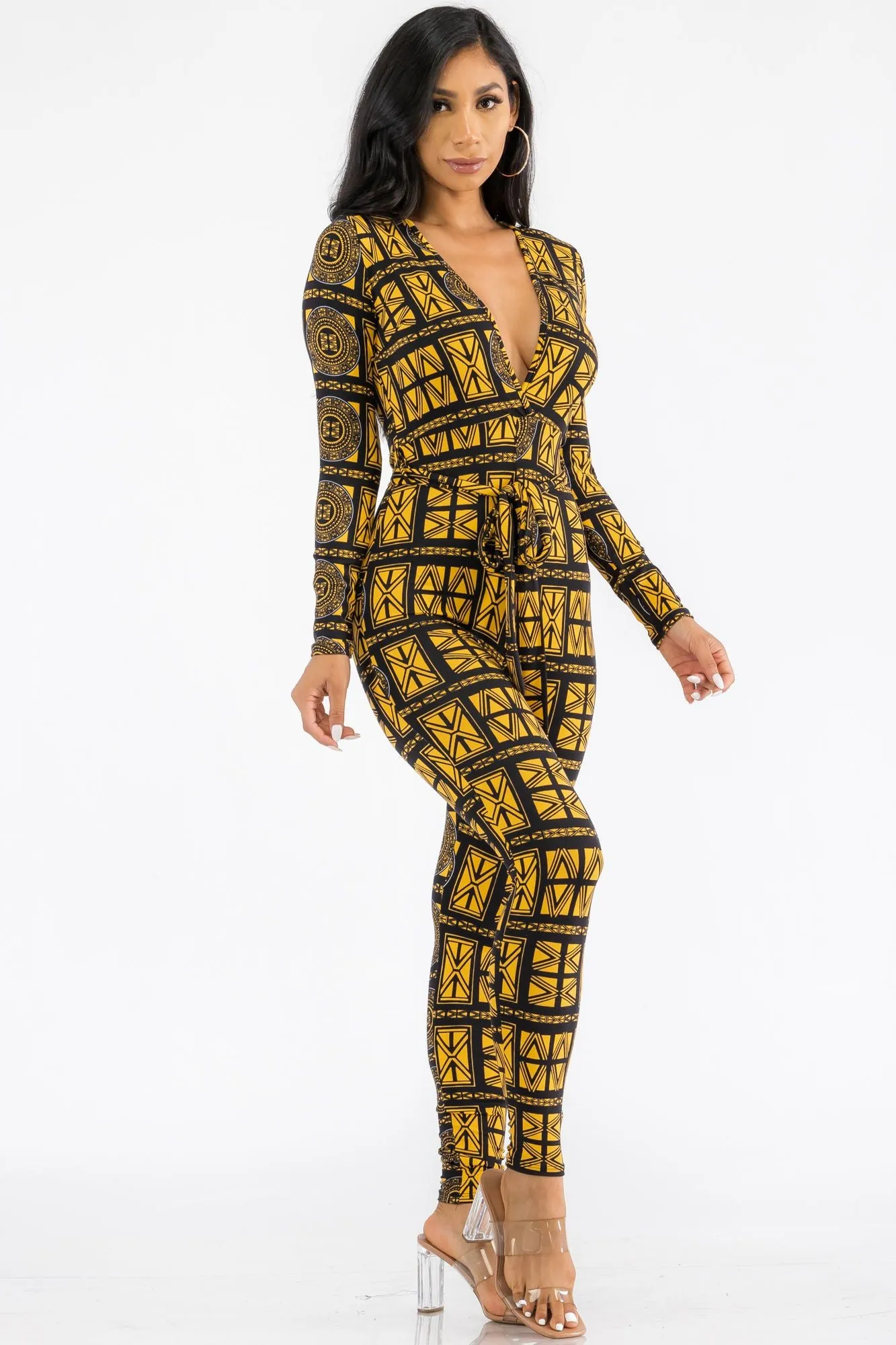 HH626R-TRIBAL - LONG SLEEVE BODYCON JUMPSUIT