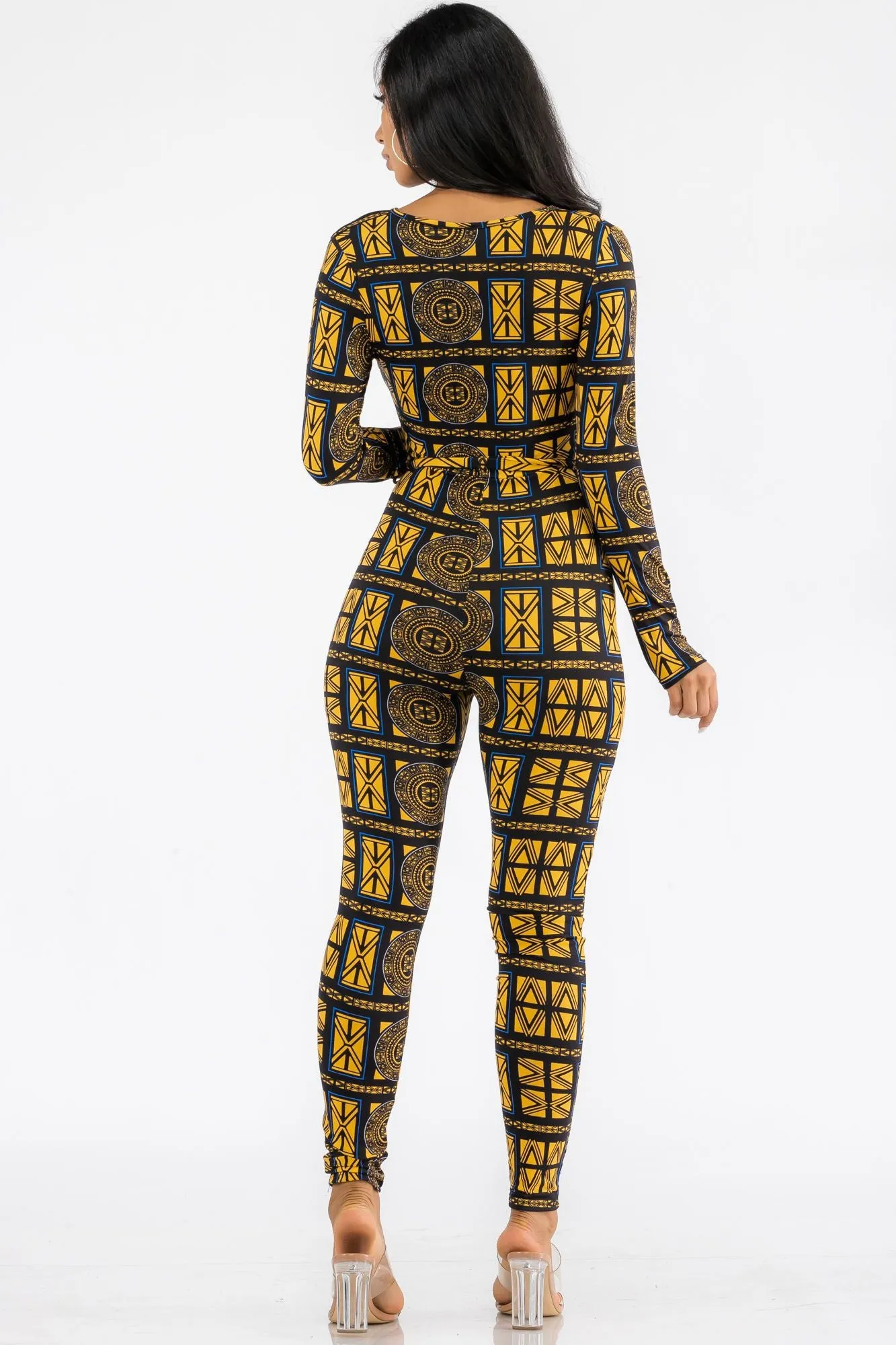 HH626R-TRIBAL - LONG SLEEVE BODYCON JUMPSUIT