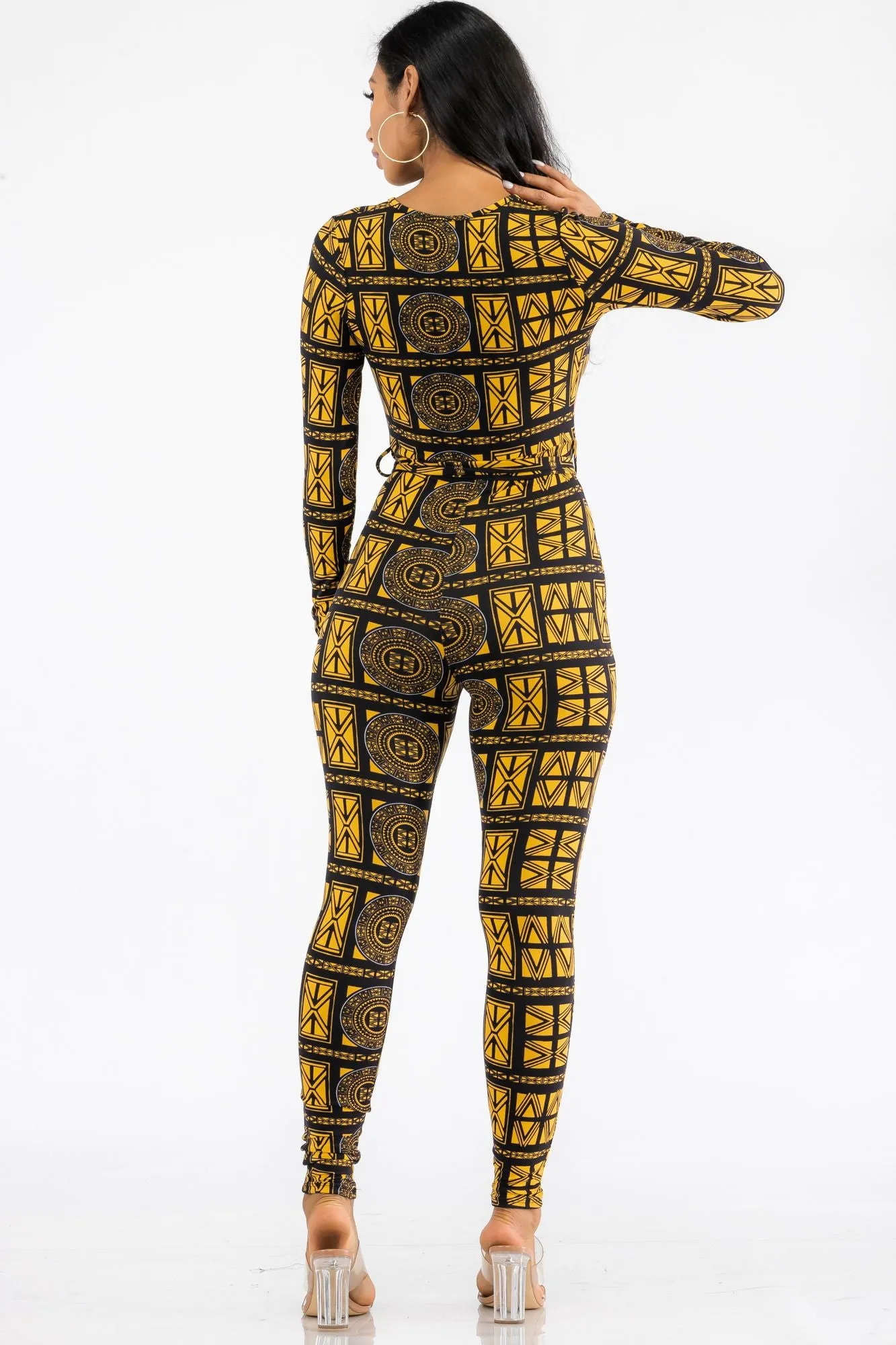 HH626R-TRIBAL - LONG SLEEVE BODYCON JUMPSUIT