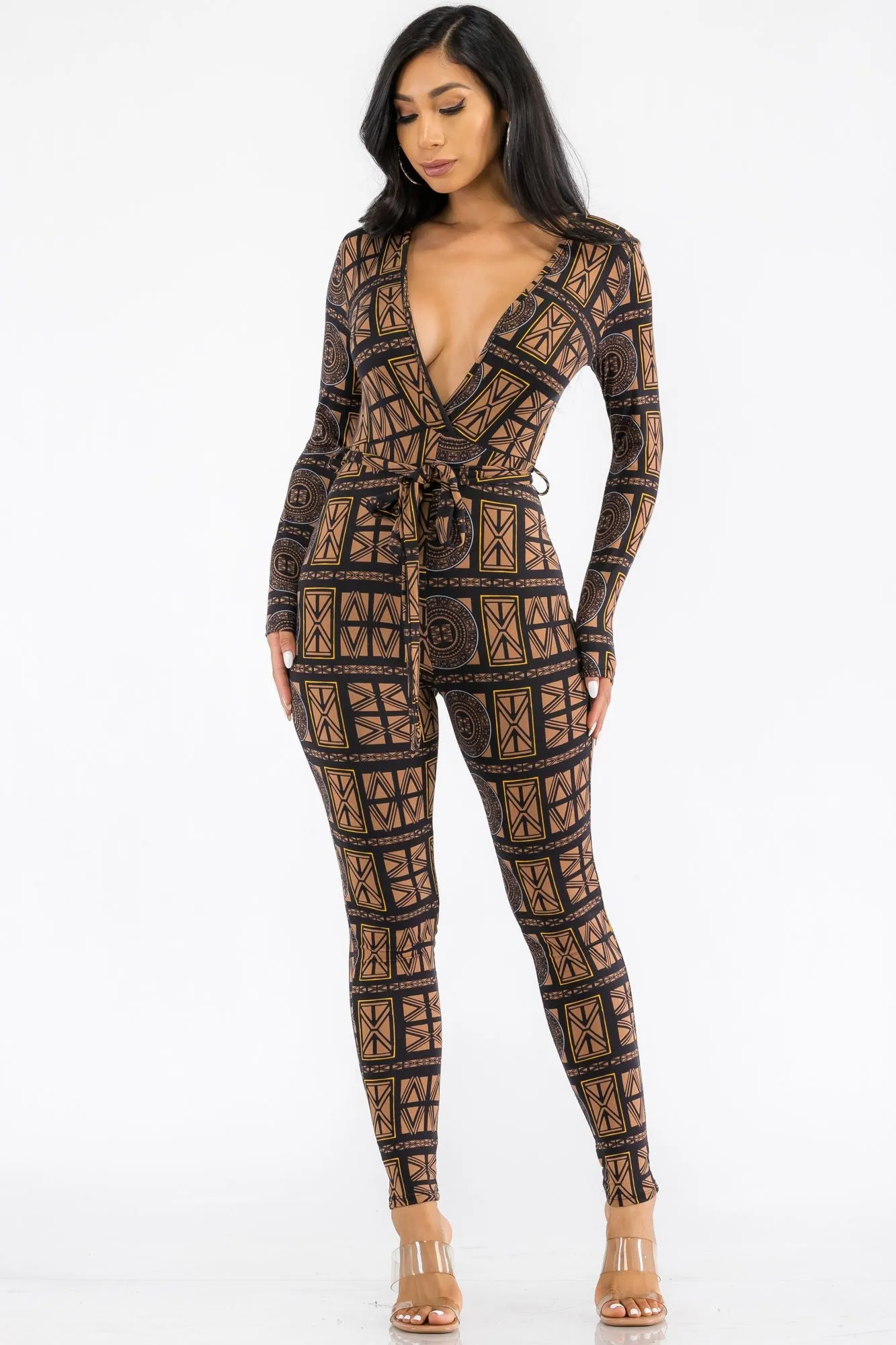 HH626R-TRIBAL - LONG SLEEVE BODYCON JUMPSUIT