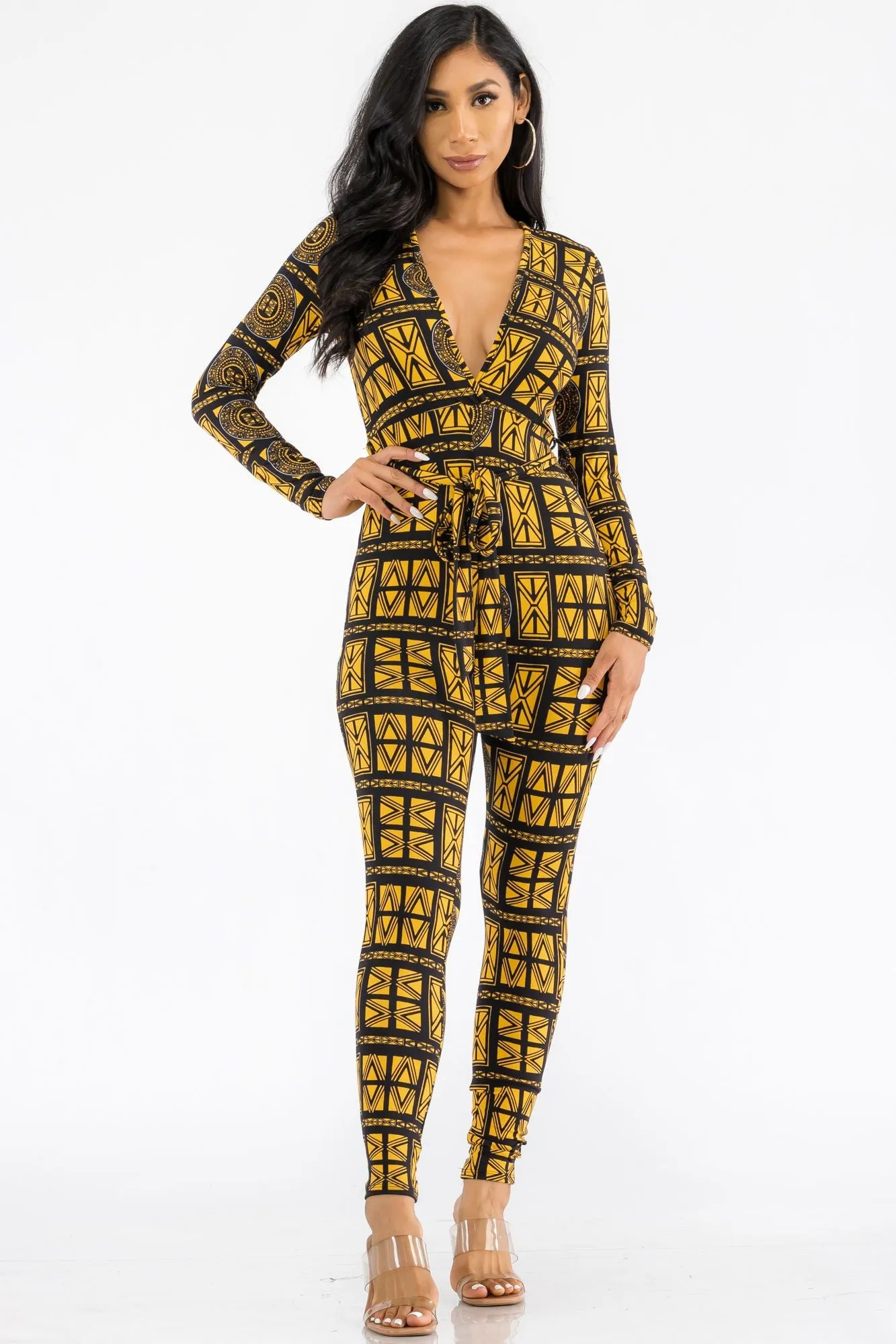 HH626R-TRIBAL - LONG SLEEVE BODYCON JUMPSUIT