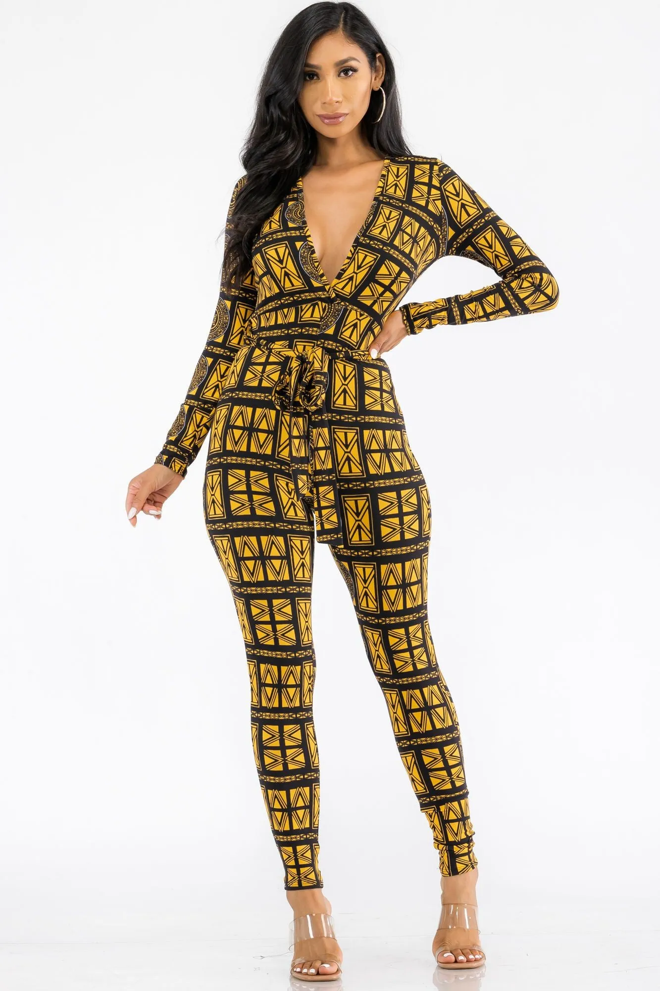 HH626R-TRIBAL - LONG SLEEVE BODYCON JUMPSUIT