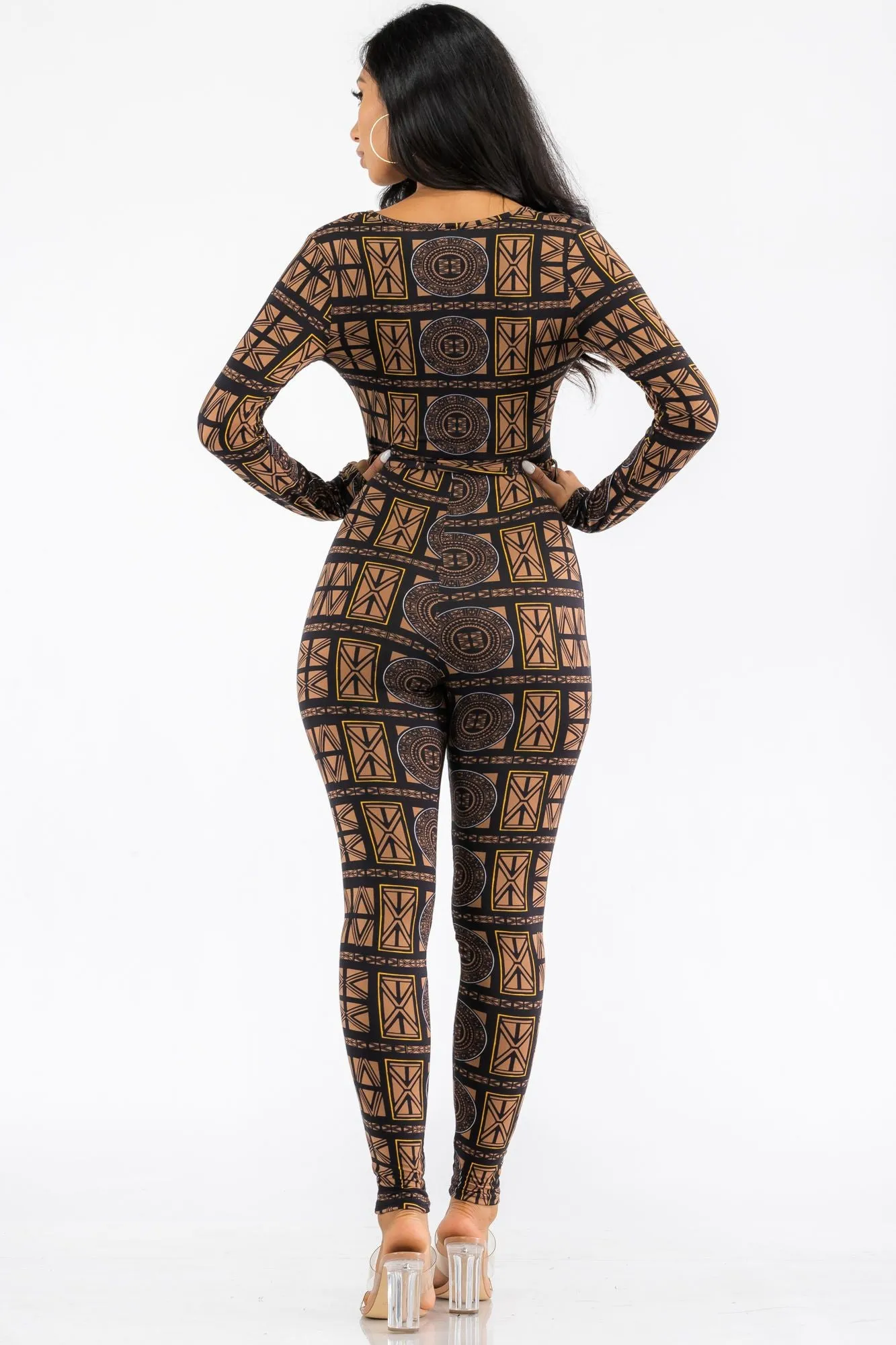 HH626R-TRIBAL - LONG SLEEVE BODYCON JUMPSUIT