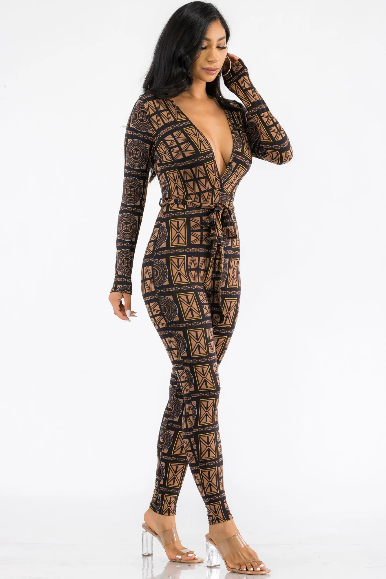 HH626R-TRIBAL - LONG SLEEVE BODYCON JUMPSUIT