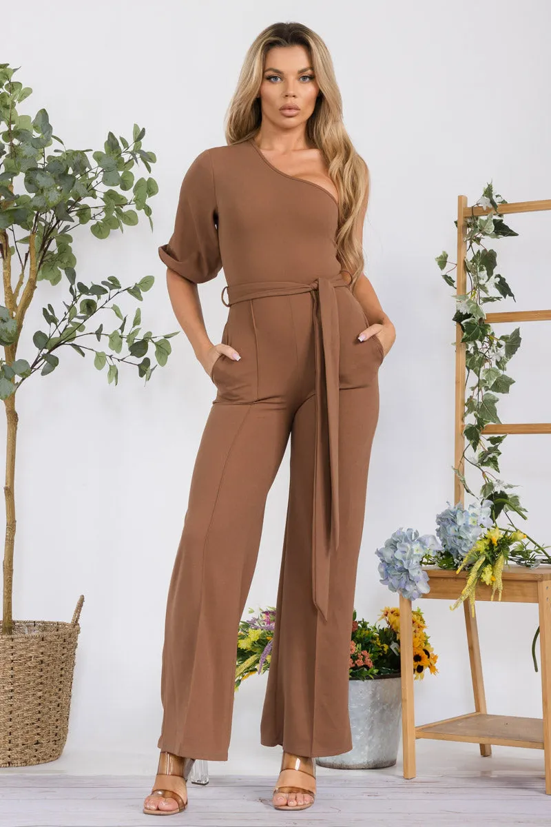 HH667R-SOLID -  ONE SHOULDER JUMPSUIT