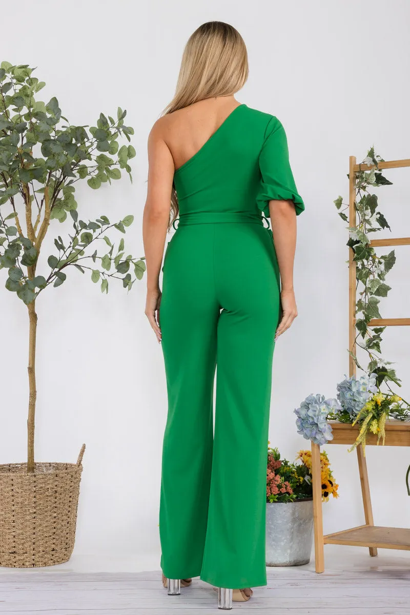 HH667R-SOLID -  ONE SHOULDER JUMPSUIT