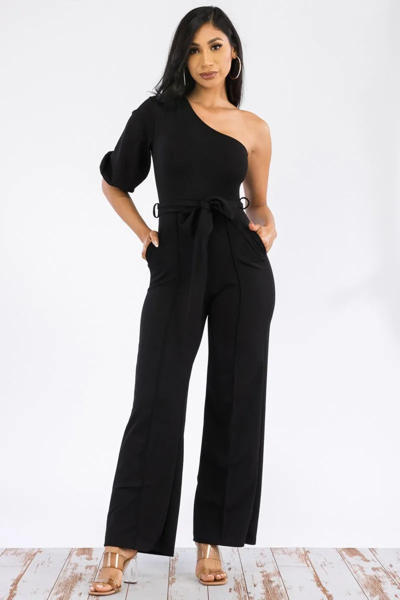 HH667R-SOLID -  ONE SHOULDER JUMPSUIT