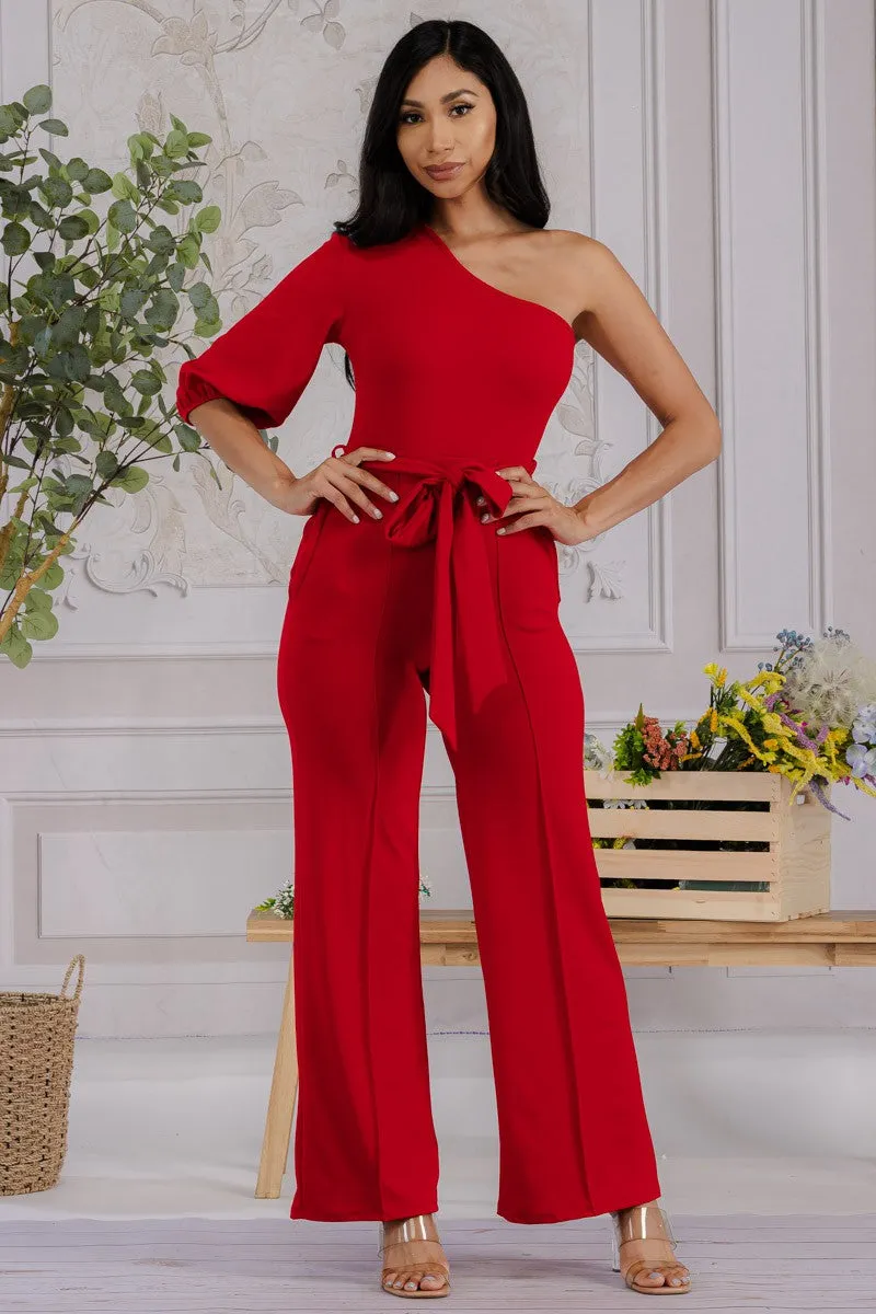 HH667R-SOLID -  ONE SHOULDER JUMPSUIT