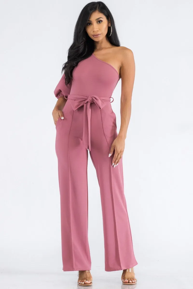 HH667R-SOLID -  ONE SHOULDER JUMPSUIT