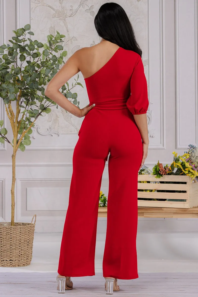 HH667R-SOLID -  ONE SHOULDER JUMPSUIT