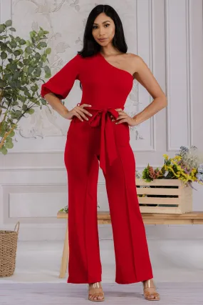 HH667R-SOLID -  ONE SHOULDER JUMPSUIT