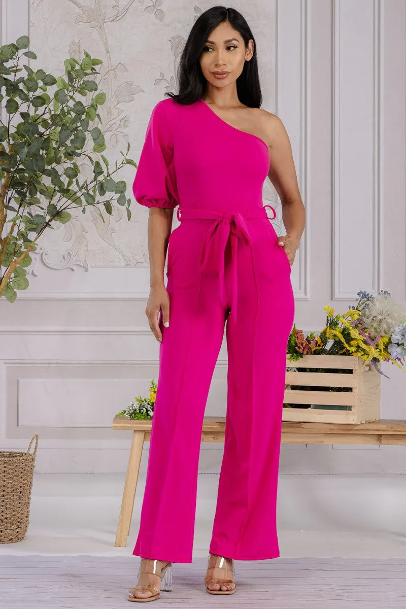 HH667R-SOLID -  ONE SHOULDER JUMPSUIT