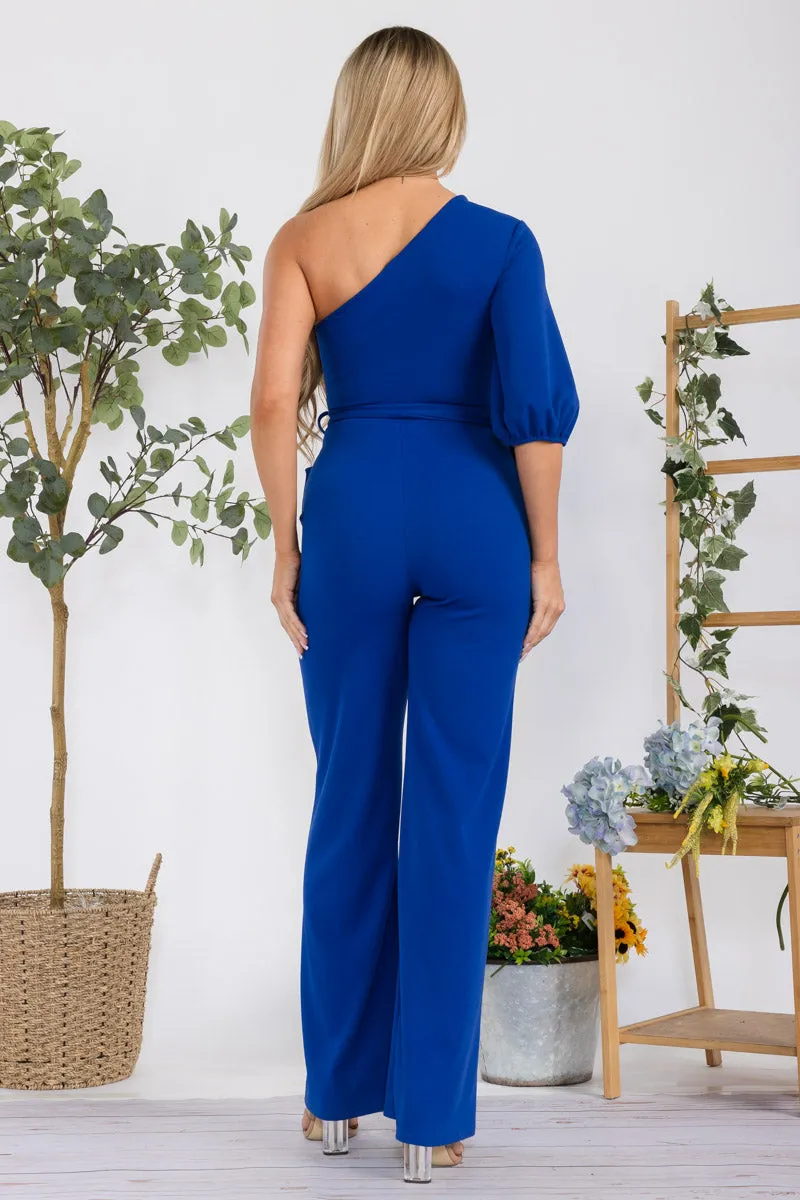 HH667R-SOLID -  ONE SHOULDER JUMPSUIT