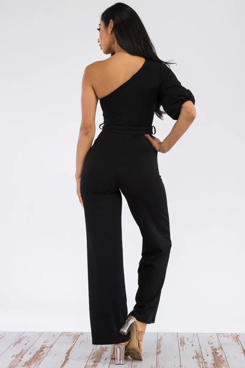 HH667R-SOLID -  ONE SHOULDER JUMPSUIT