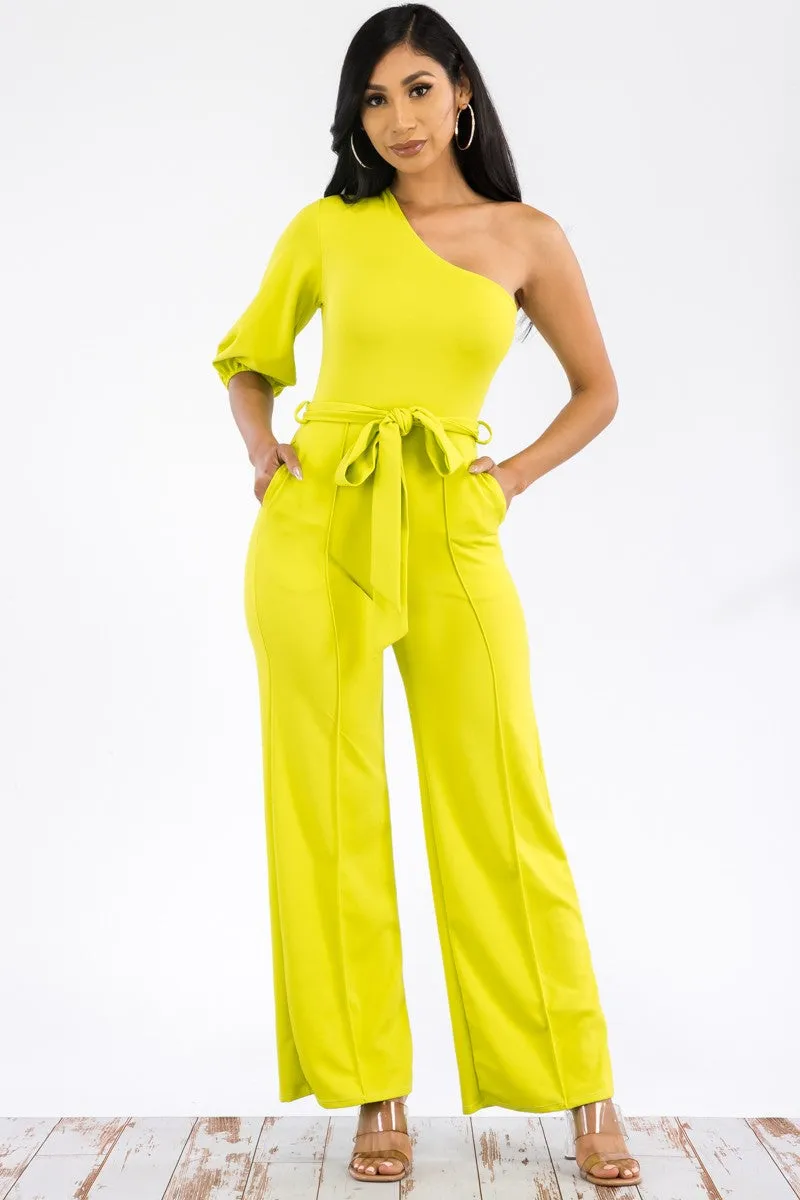 HH667R-SOLID -  ONE SHOULDER JUMPSUIT