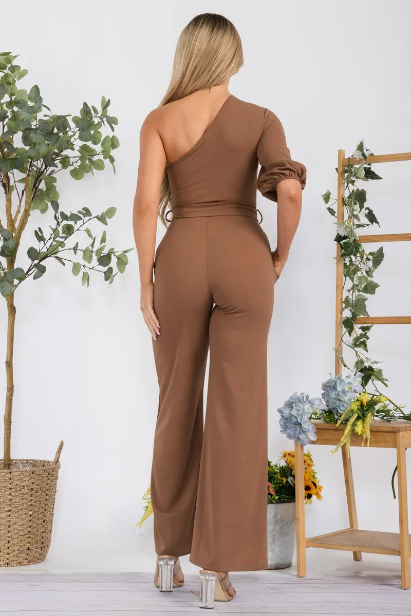 HH667R-SOLID -  ONE SHOULDER JUMPSUIT