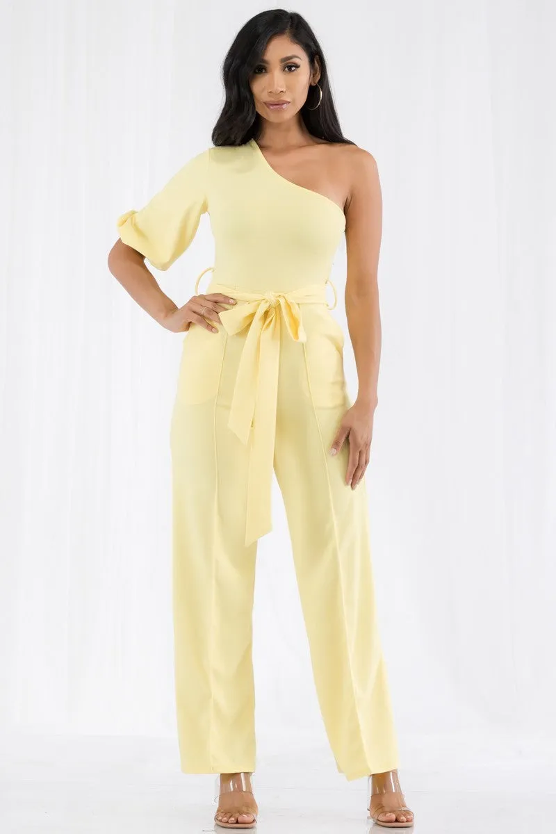 HH667R-SOLID -  ONE SHOULDER JUMPSUIT