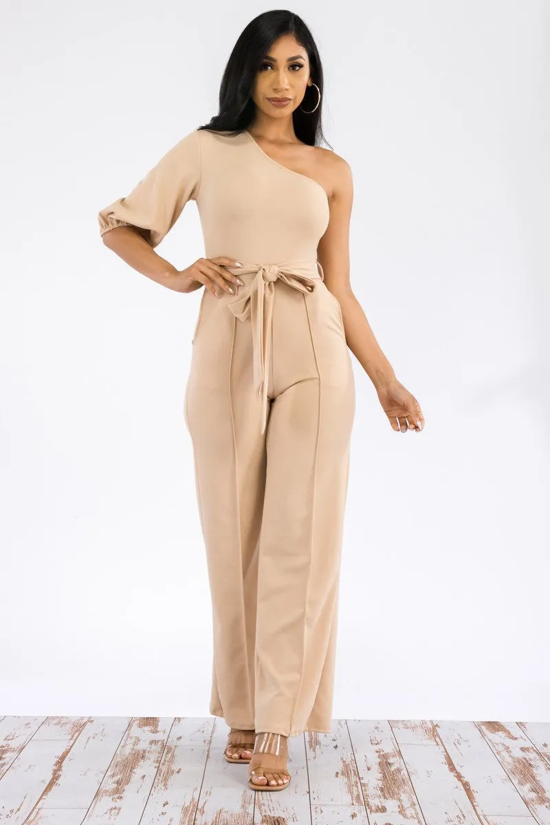 HH667R-SOLID -  ONE SHOULDER JUMPSUIT