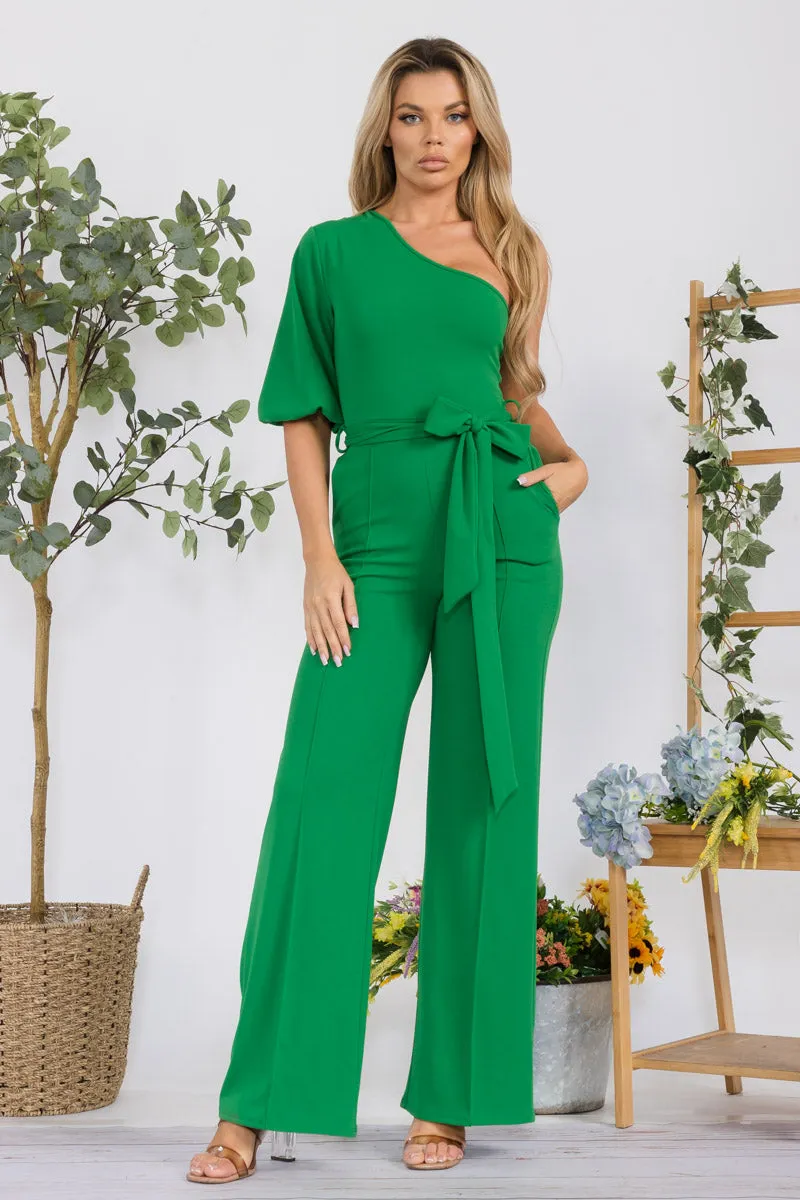 HH667R-SOLID -  ONE SHOULDER JUMPSUIT