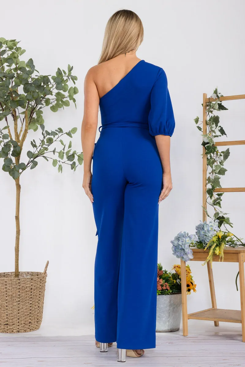 HH667R-SOLID -  ONE SHOULDER JUMPSUIT