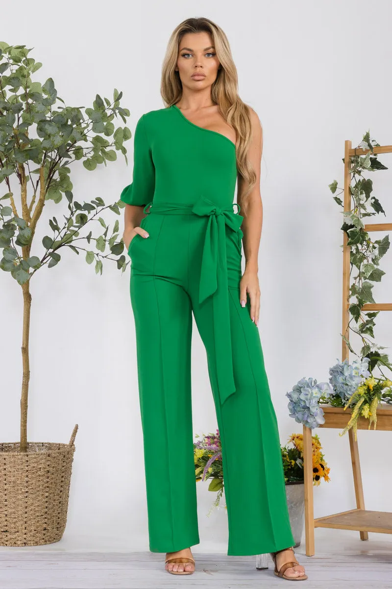 HH667R-SOLID -  ONE SHOULDER JUMPSUIT