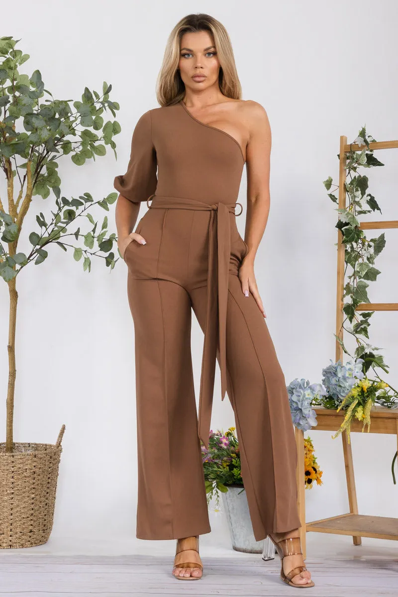 HH667R-SOLID -  ONE SHOULDER JUMPSUIT