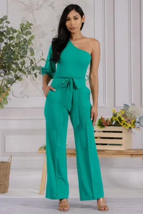 HH667X-SOLID -  ONE SHOULDER JUMPSUIT